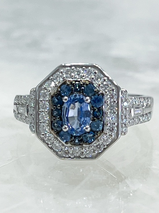 Jewelry - Ceylon Blue Sapphire &Moissanite Sterling Silver Double Halo Ring Sz 8